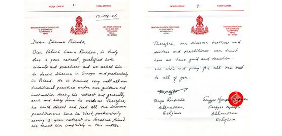 List Sangje Njenpy Rinpoczego i Tengi Rinpoczego, wyznaczający Lamę Rinczena na nauczyciela prowadzącego trzyletnie odosobnienia w Grabniku