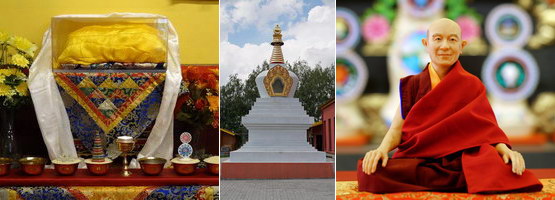 Na zdjęciach od lewej: szaty Kjabdzie Tengi Rinpoczego, stupa z relikwiami w Grabniku, posążek-podobizna Rinpoczego.